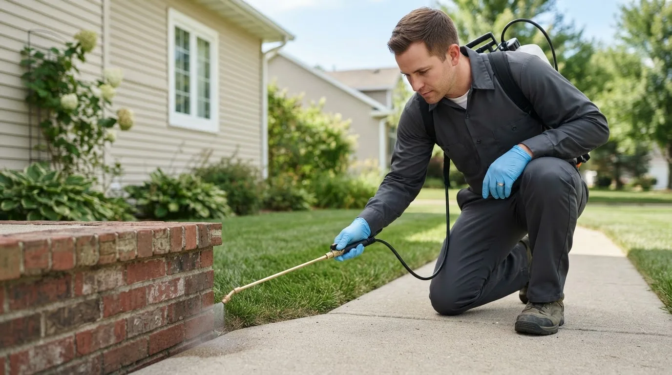 Pest control technician treating a home near Karlstad, MN